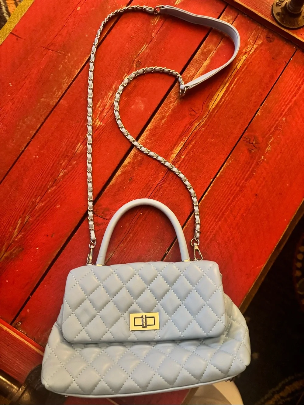 Quilted Light Blue Top Handle Crossbody Bag
